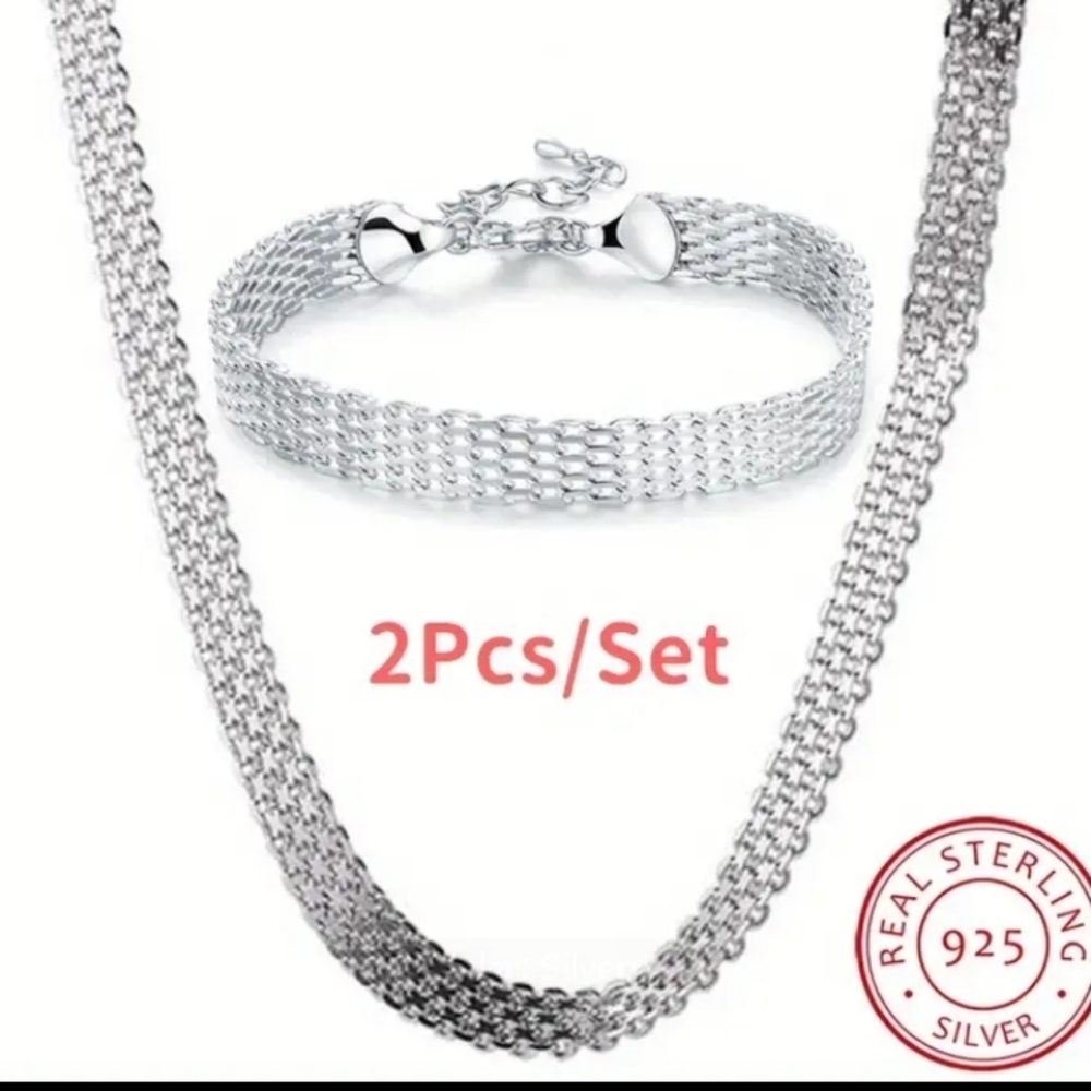 925 Sterling Silver Mesh Weave Statement Necklace and Bracelet Set